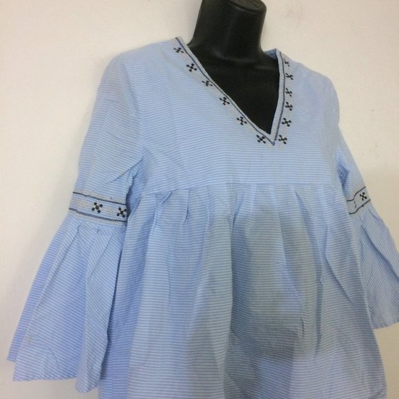 Anthro Moon River Pinstripe Embroidered Top M - Picture 5 of 13